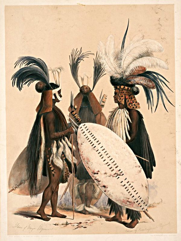 A coloured lithograph of three warriors in tall feather headdresses and fur, one holding a white shield with a double row of dark marks.