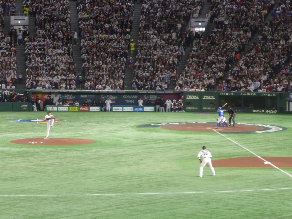 Shohei Ohtani pitching for Japan against Italy at the World Baseball Classic, Tokyo, March 2023.